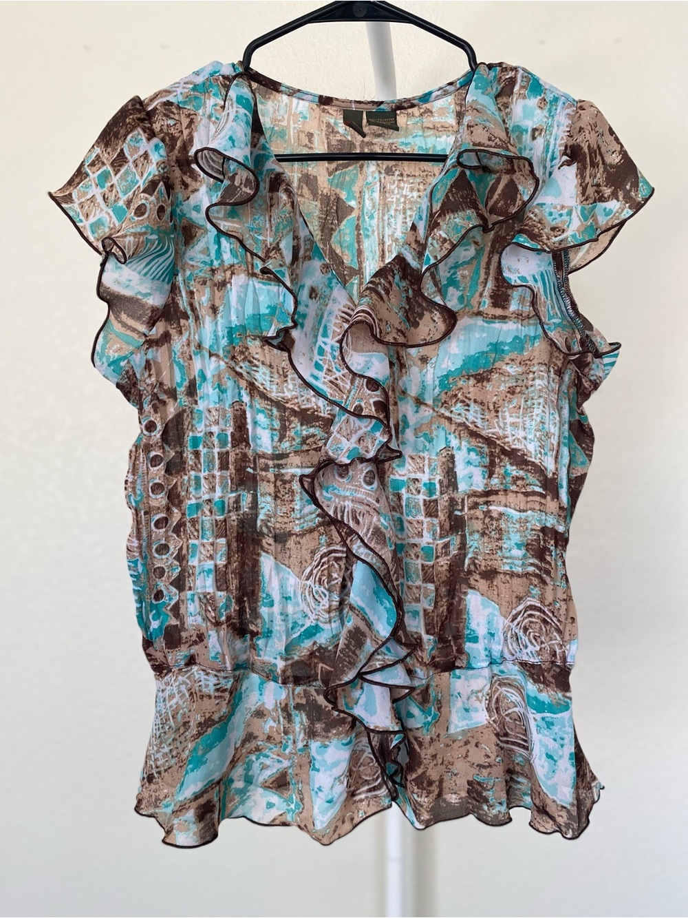Sere Nade Women’s Teal | Brown Flutter Cap Sleeve Ruffle Front Blouse M